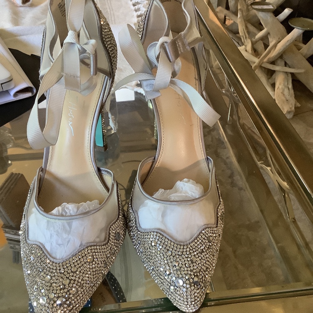Silver Rhinestone Ankle Tie Heels